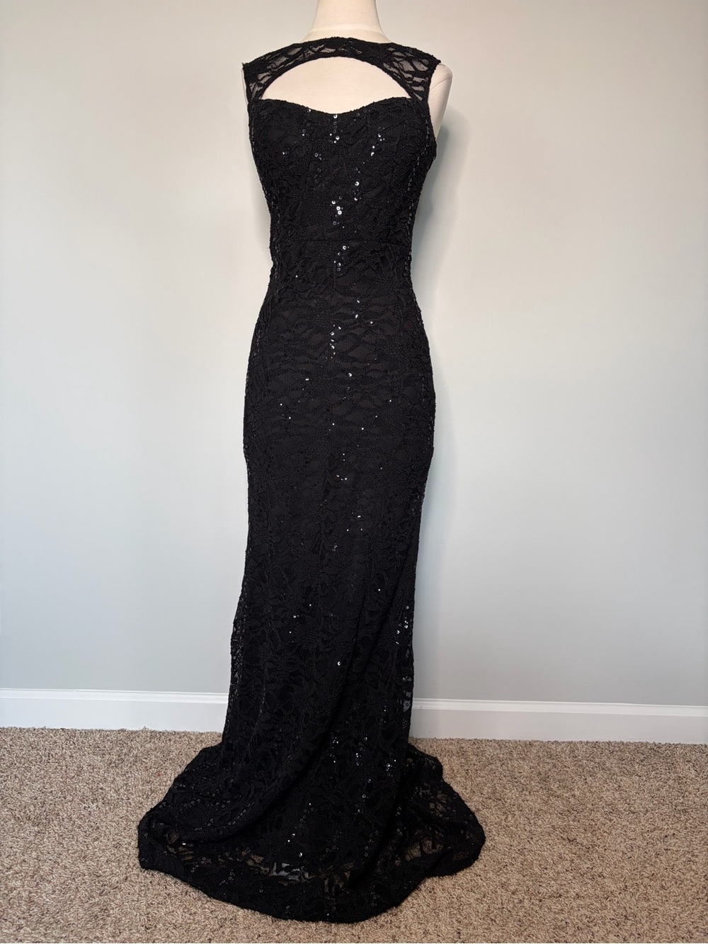 Jump Apparel Black Lace Sequin Fitted Prom Dress with Sweetheart Neckline, 3/4